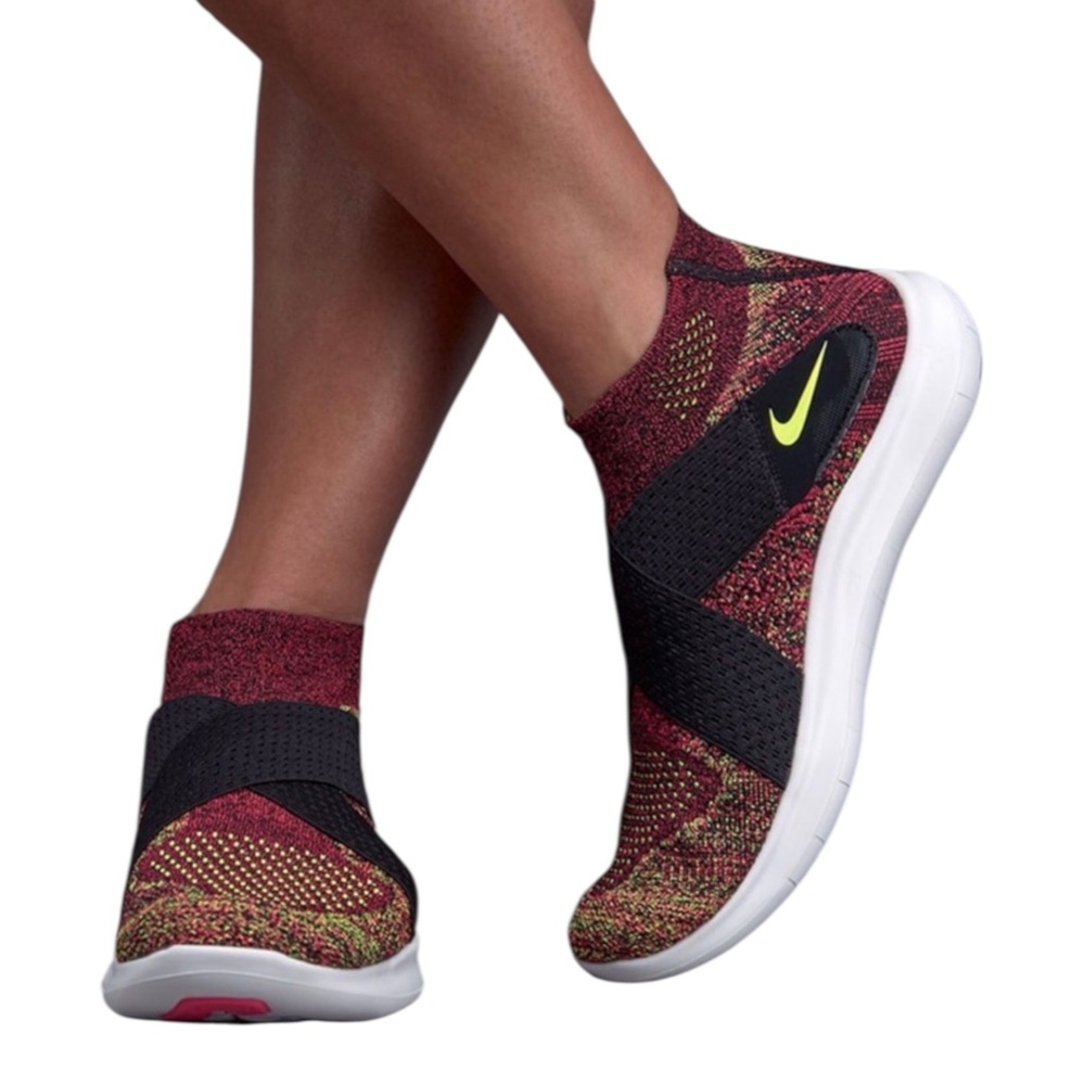 Nike Free RN Motion Flyknit Women's Size 8.5 Running Shoes Black Volt Racer Pink